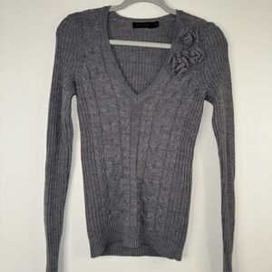 The Limited Women's Y2K V- Neck Sweater Small Gray Cable Knit Preppy Wool Blend